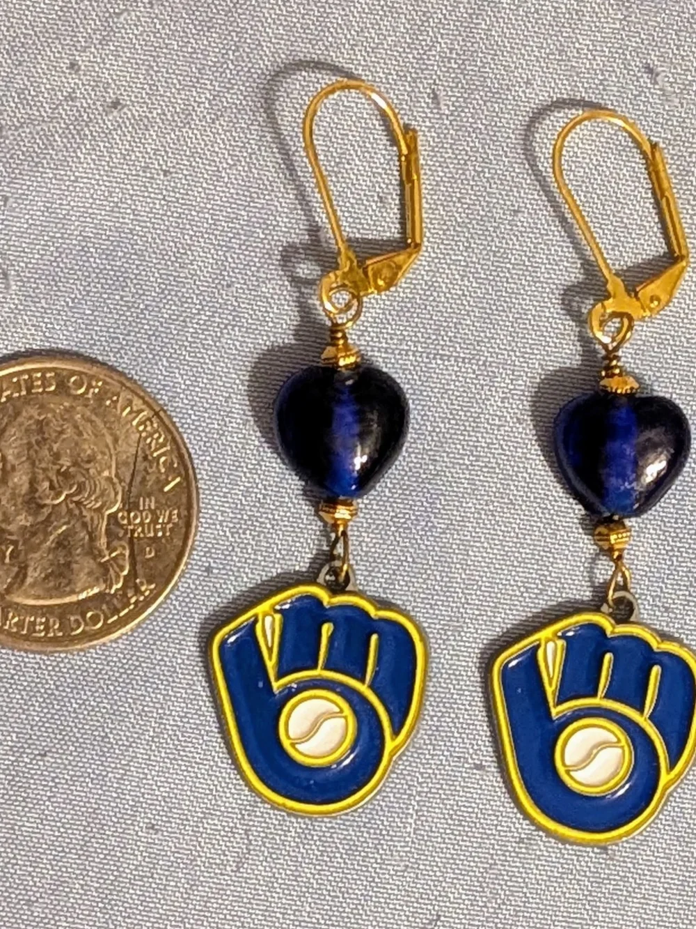 Milwaukee Brewers Baseball Dangle Earrings, Blue & Yellow, One of a Kind Design